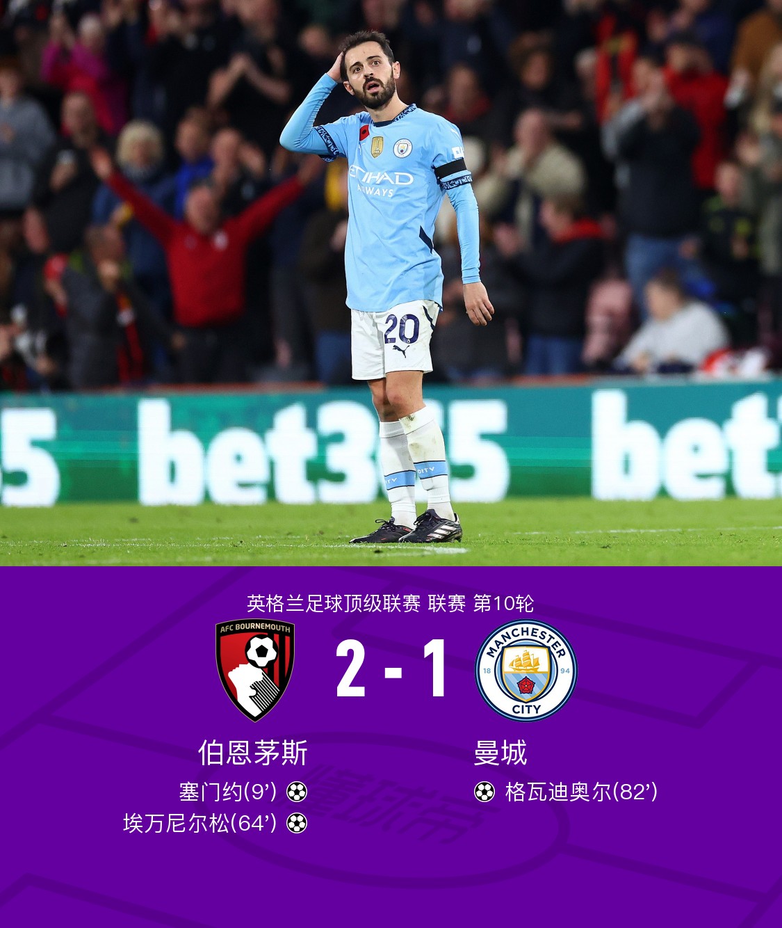 伯恩茅斯主场不敌曼城，降级危机愈发严重的简单介绍